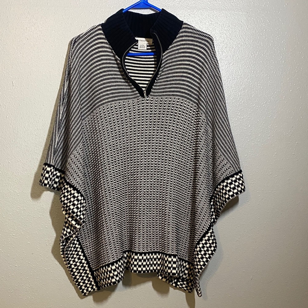 Liz Claiborne Black & White Striped Knit Poncho with Ribbed Collar